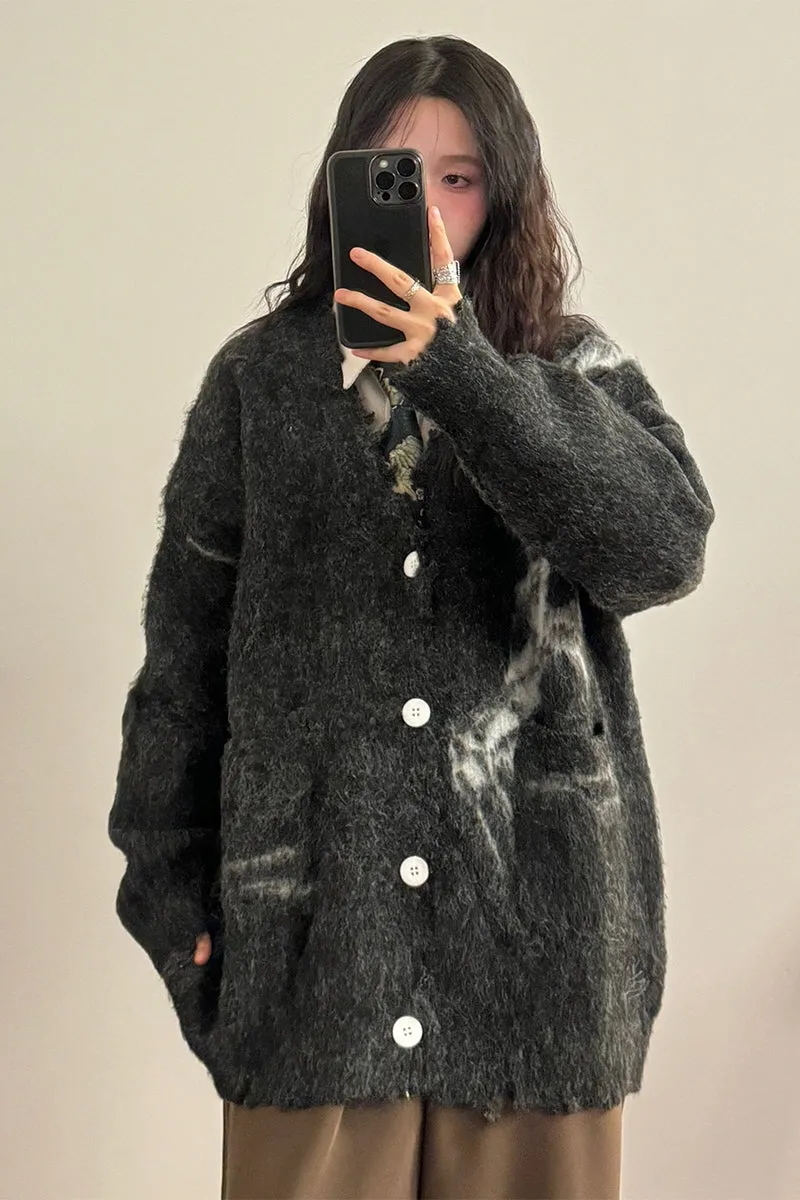 American Retro Lazy Wind Heavy Industry Jacquard Contrast V-Neck Knitted Cardigan Sweater