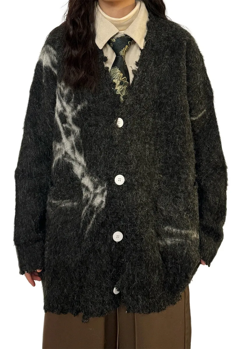 American Retro Lazy Wind Heavy Industry Jacquard Contrast V-Neck Knitted Cardigan Sweater