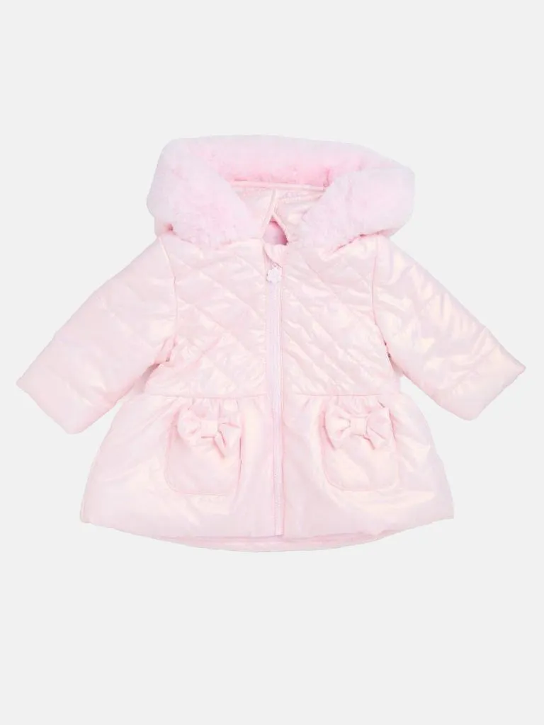 Baby Girl Melia Glossy Bow with Fur Hooded Jacket - Pink