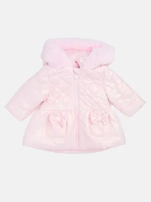 Baby Girl Melia Glossy Bow with Fur Hooded Jacket - Pink