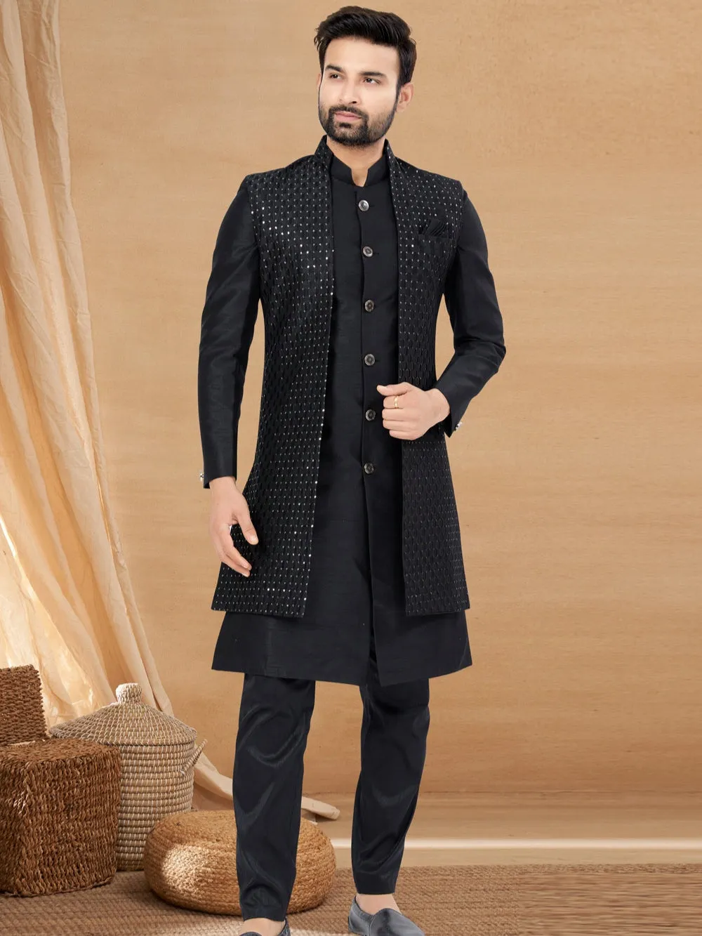 Black Indo Western Jacket Kurta Set with Intricate Mirror Work