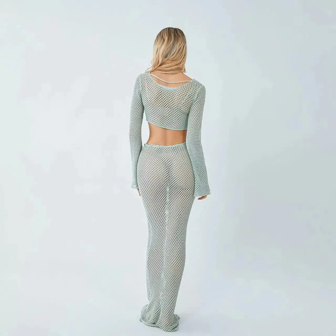 Bodycon Y2K Crochet Long Tie Sleeve Out Hollow Knitted Sexy Up Crop 2024 Top Dress