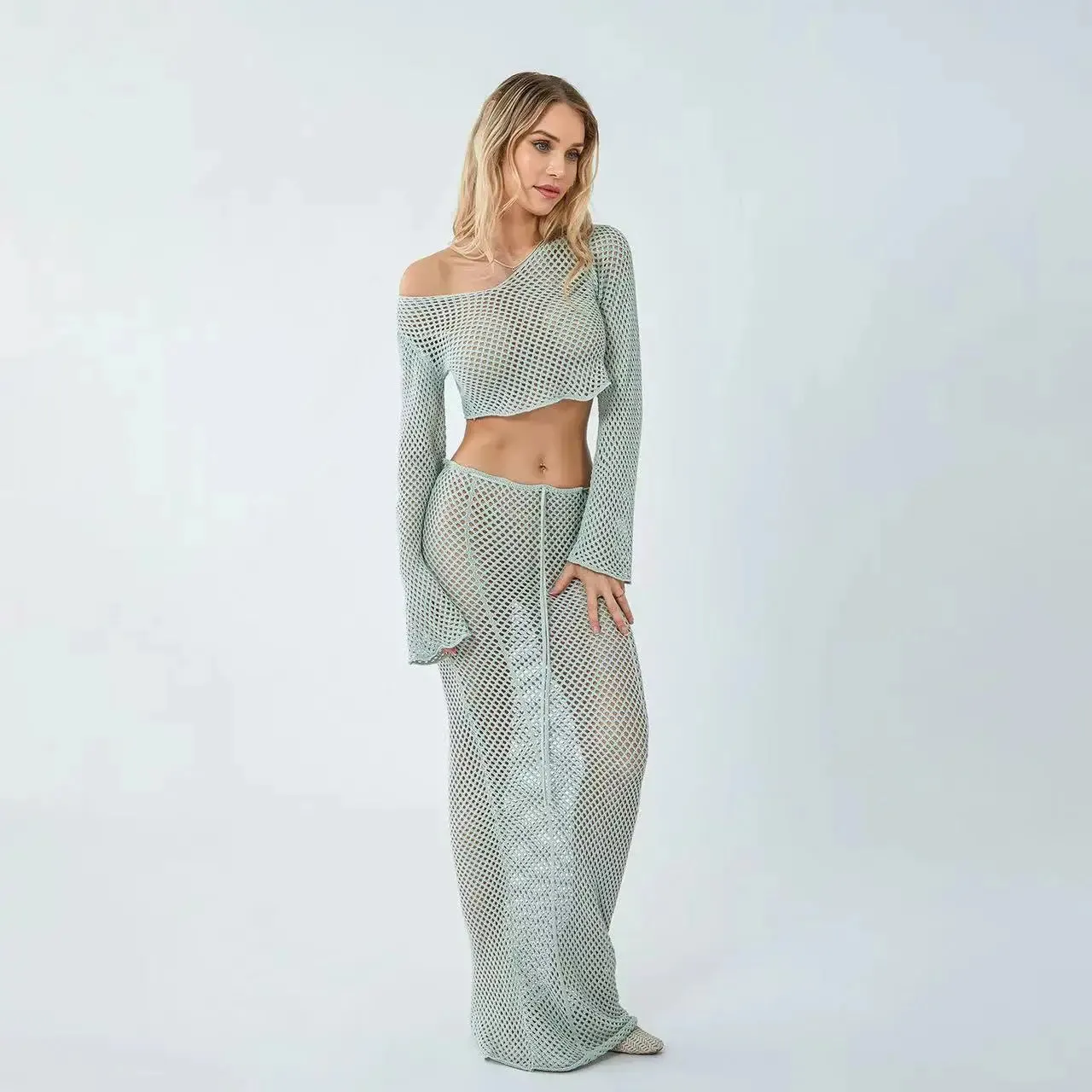 Bodycon Y2K Crochet Long Tie Sleeve Out Hollow Knitted Sexy Up Crop 2024 Top Dress