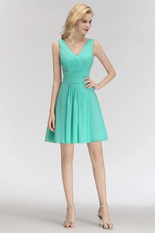 Cute V-Neck Ruffle Chiffon Bridesmaid Dress Knee Length