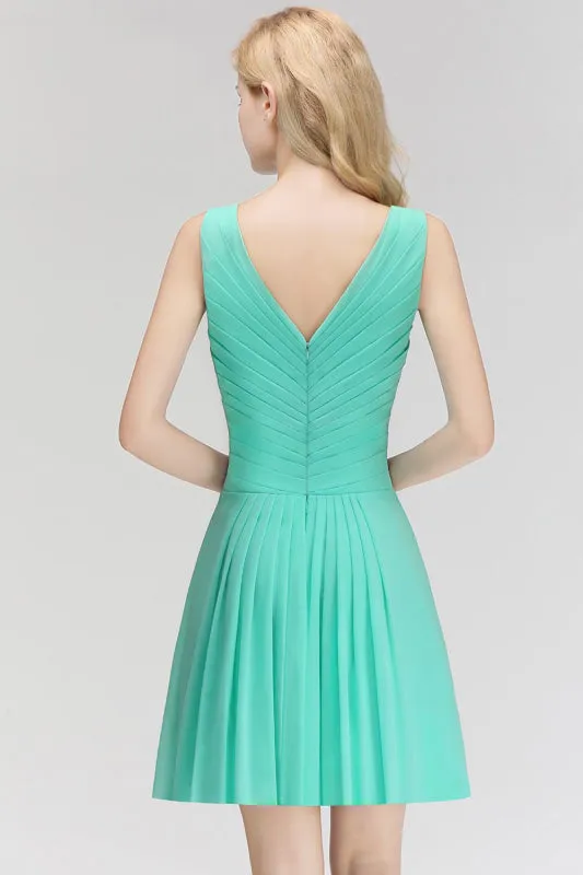 Cute V-Neck Ruffle Chiffon Bridesmaid Dress Knee Length