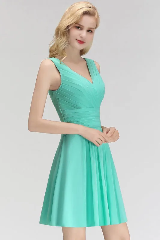 Cute V-Neck Ruffle Chiffon Bridesmaid Dress Knee Length
