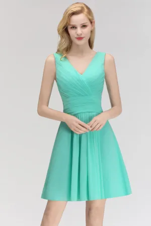 Cute V-Neck Ruffle Chiffon Bridesmaid Dress Knee Length