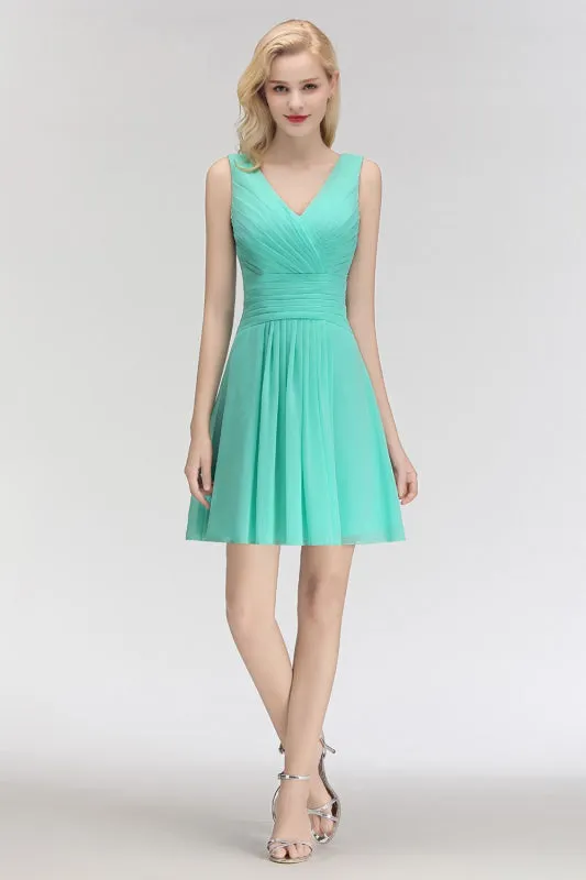 Cute V-Neck Ruffle Chiffon Bridesmaid Dress Knee Length