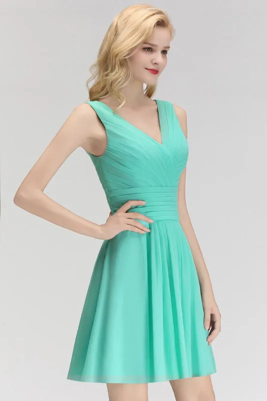 Cute V-Neck Ruffle Chiffon Bridesmaid Dress Knee Length