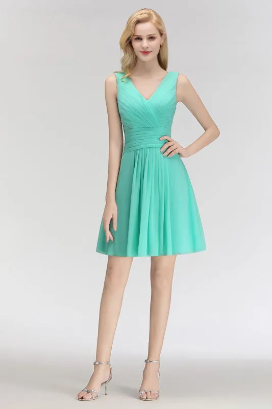 Cute V-Neck Ruffle Chiffon Bridesmaid Dress Knee Length
