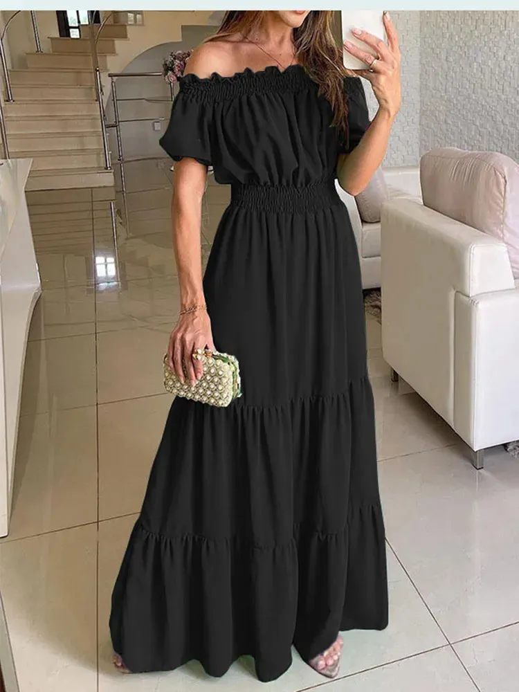 deanwangkt Women Slash Neck Maxi Dresses Summer Solid Casual Loose Short Sleeve Ruffle Dress Female Beach Party Long Dresses Elegant Robe