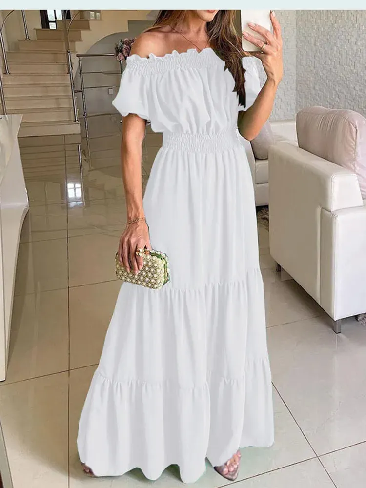 deanwangkt Women Slash Neck Maxi Dresses Summer Solid Casual Loose Short Sleeve Ruffle Dress Female Beach Party Long Dresses Elegant Robe
