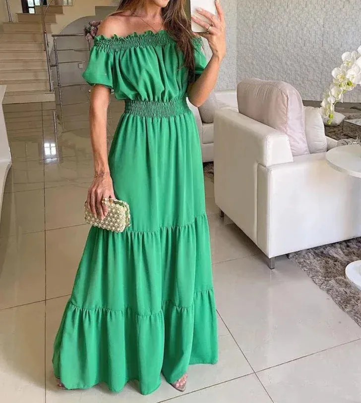 deanwangkt Women Slash Neck Maxi Dresses Summer Solid Casual Loose Short Sleeve Ruffle Dress Female Beach Party Long Dresses Elegant Robe