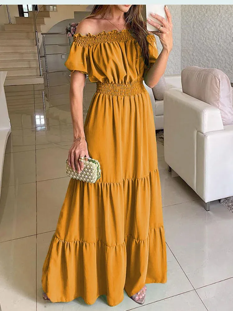 deanwangkt Women Slash Neck Maxi Dresses Summer Solid Casual Loose Short Sleeve Ruffle Dress Female Beach Party Long Dresses Elegant Robe
