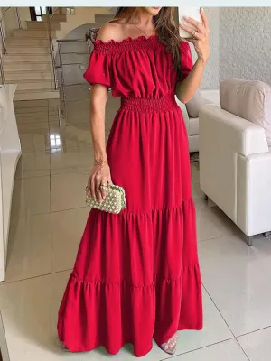 deanwangkt Women Slash Neck Maxi Dresses Summer Solid Casual Loose Short Sleeve Ruffle Dress Female Beach Party Long Dresses Elegant Robe