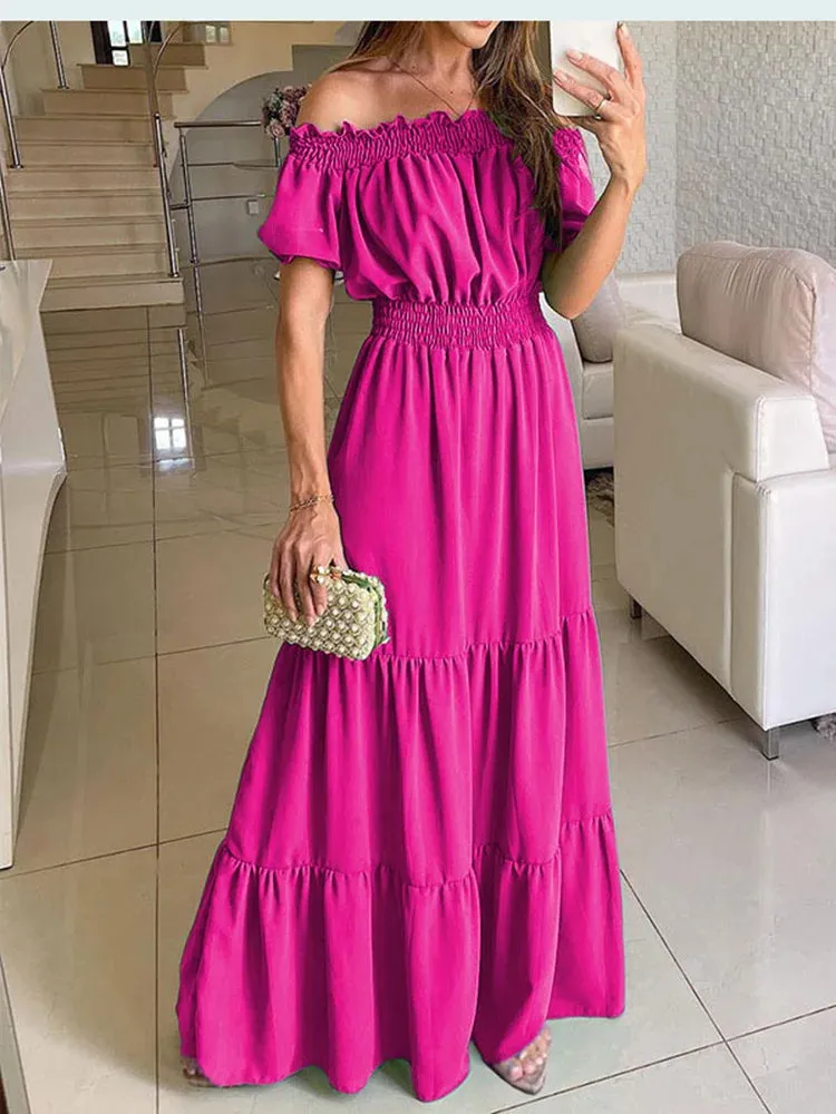 deanwangkt Women Slash Neck Maxi Dresses Summer Solid Casual Loose Short Sleeve Ruffle Dress Female Beach Party Long Dresses Elegant Robe