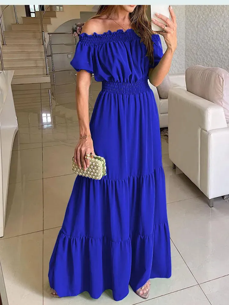 deanwangkt Women Slash Neck Maxi Dresses Summer Solid Casual Loose Short Sleeve Ruffle Dress Female Beach Party Long Dresses Elegant Robe