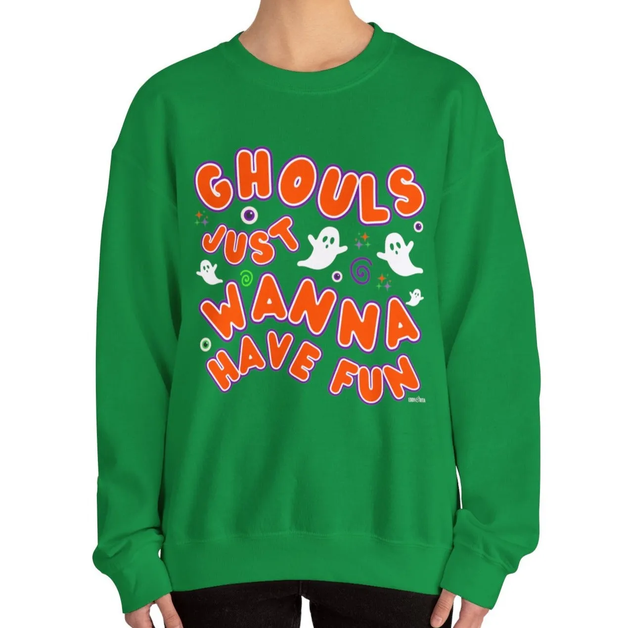 Eddy and Rita Women's Heavy Crewneck Sweatshirt - "Ghouls Just Wanna Have Fun" Halloween Sweater - Cozy, Playful, Spooky Fall Pullover