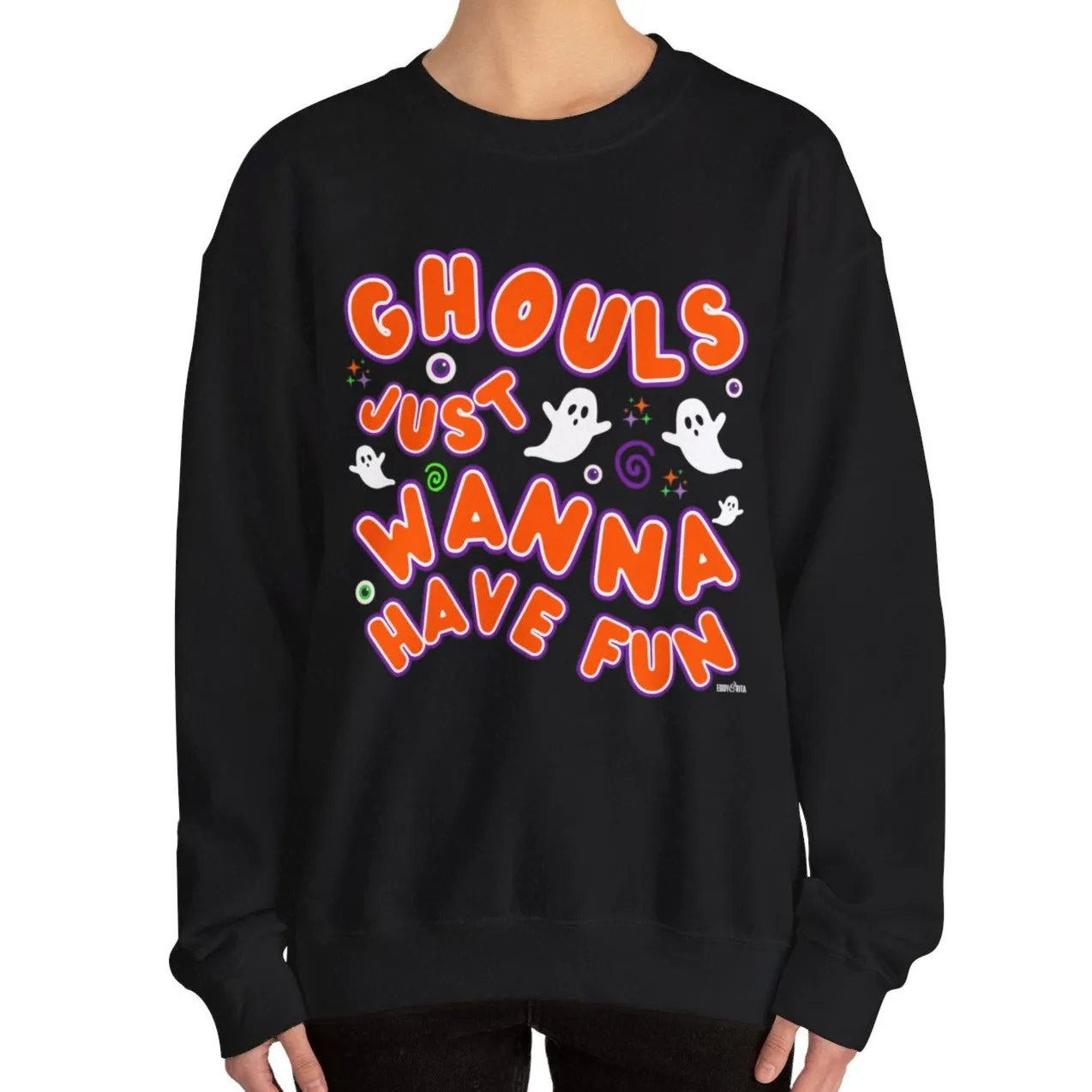Eddy and Rita Women's Heavy Crewneck Sweatshirt - "Ghouls Just Wanna Have Fun" Halloween Sweater - Cozy, Playful, Spooky Fall Pullover