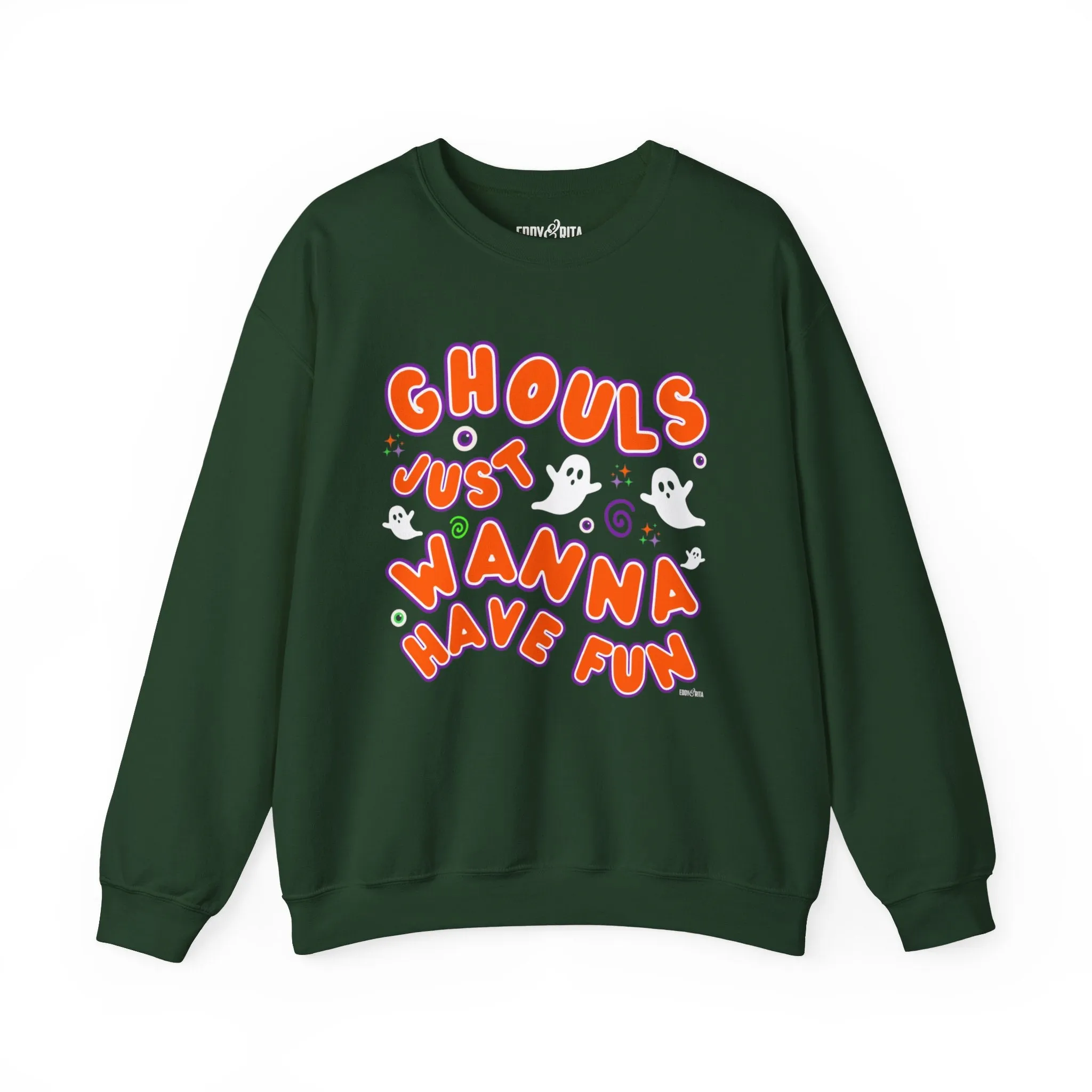 Eddy and Rita Women's Heavy Crewneck Sweatshirt - "Ghouls Just Wanna Have Fun" Halloween Sweater - Cozy, Playful, Spooky Fall Pullover