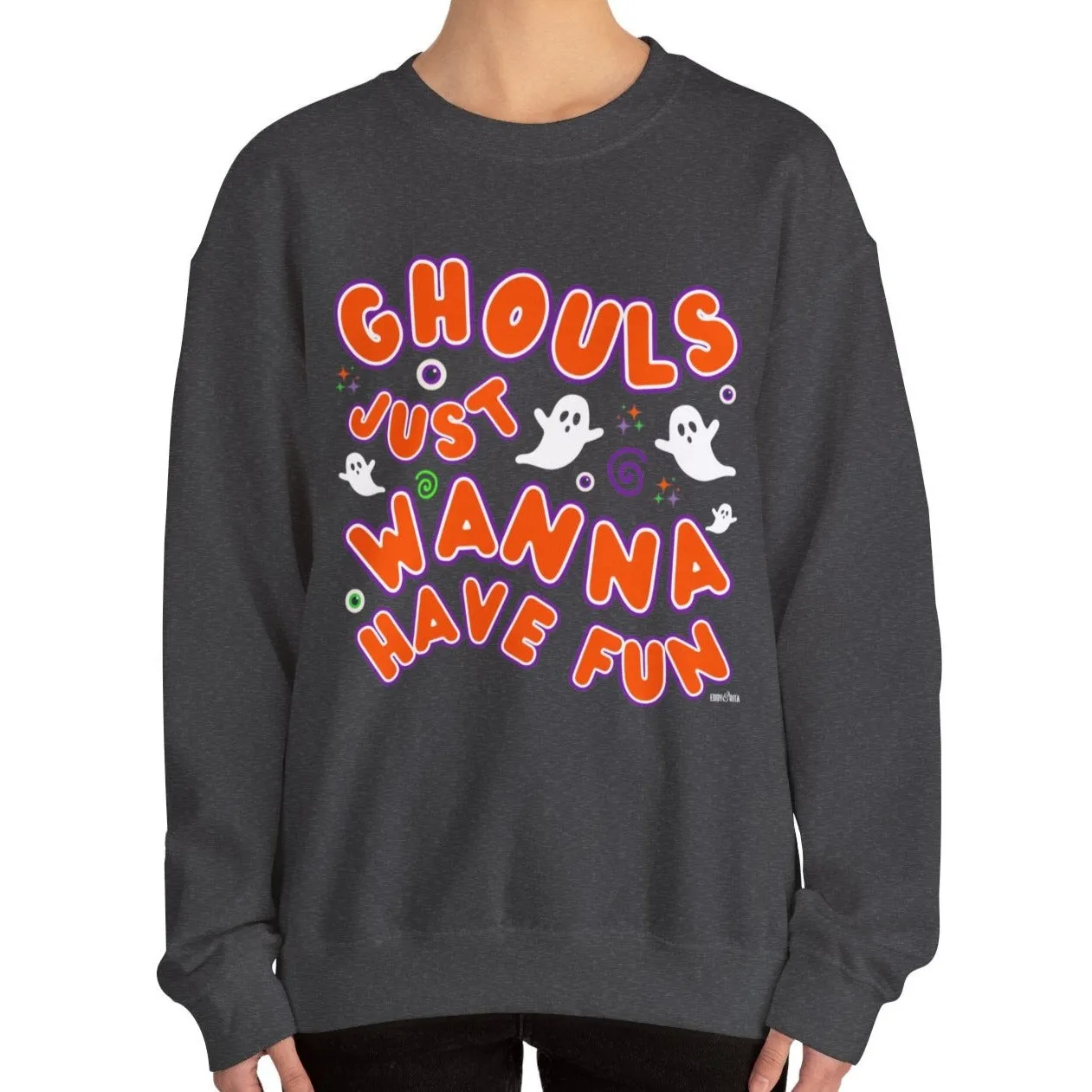 Eddy and Rita Women's Heavy Crewneck Sweatshirt - "Ghouls Just Wanna Have Fun" Halloween Sweater - Cozy, Playful, Spooky Fall Pullover