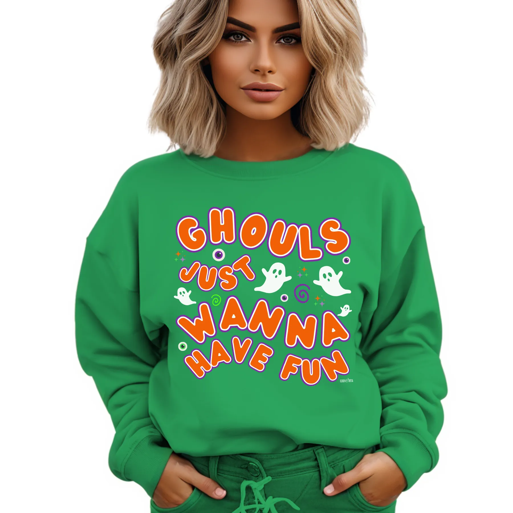 Eddy and Rita Women's Heavy Crewneck Sweatshirt - "Ghouls Just Wanna Have Fun" Halloween Sweater - Cozy, Playful, Spooky Fall Pullover