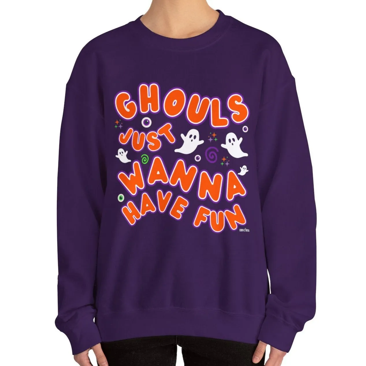 Eddy and Rita Women's Heavy Crewneck Sweatshirt - "Ghouls Just Wanna Have Fun" Halloween Sweater - Cozy, Playful, Spooky Fall Pullover