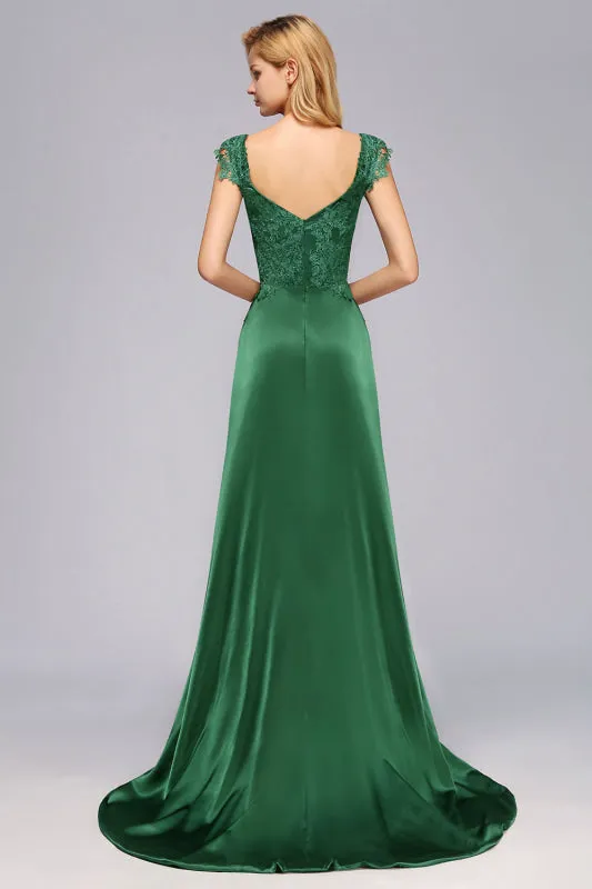 Elegant V-Neck Dark Green Lace Bridesmaid Dresses with Front-Slit