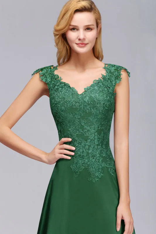 Elegant V-Neck Dark Green Lace Bridesmaid Dresses with Front-Slit