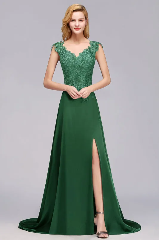Elegant V-Neck Dark Green Lace Bridesmaid Dresses with Front-Slit