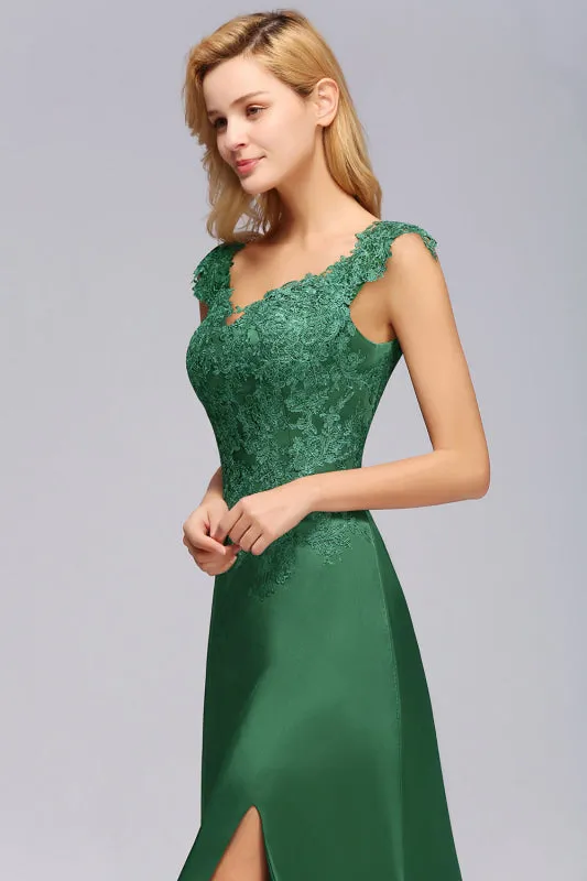 Elegant V-Neck Dark Green Lace Bridesmaid Dresses with Front-Slit