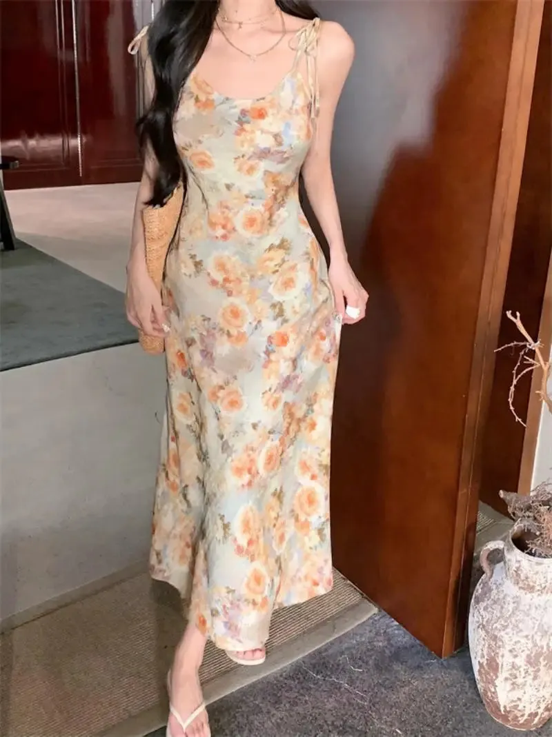 Girlary 2024 New Beach Holiday Midi Dresses Women Vintage Prints Casual Fashion Strap Dress Summer Korean Style Party Dresses Vestidos