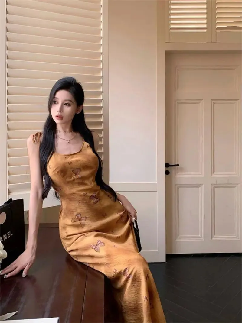 Girlary 2024 New Beach Holiday Midi Dresses Women Vintage Prints Casual Fashion Strap Dress Summer Korean Style Party Dresses Vestidos