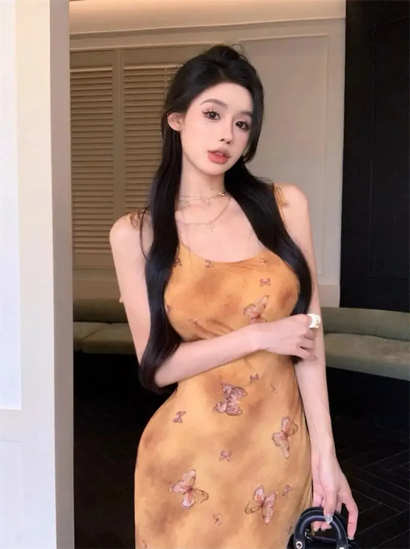 Girlary 2024 New Beach Holiday Midi Dresses Women Vintage Prints Casual Fashion Strap Dress Summer Korean Style Party Dresses Vestidos