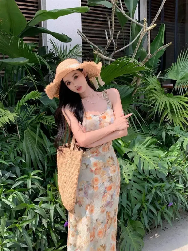 Girlary 2024 New Beach Holiday Midi Dresses Women Vintage Prints Casual Fashion Strap Dress Summer Korean Style Party Dresses Vestidos