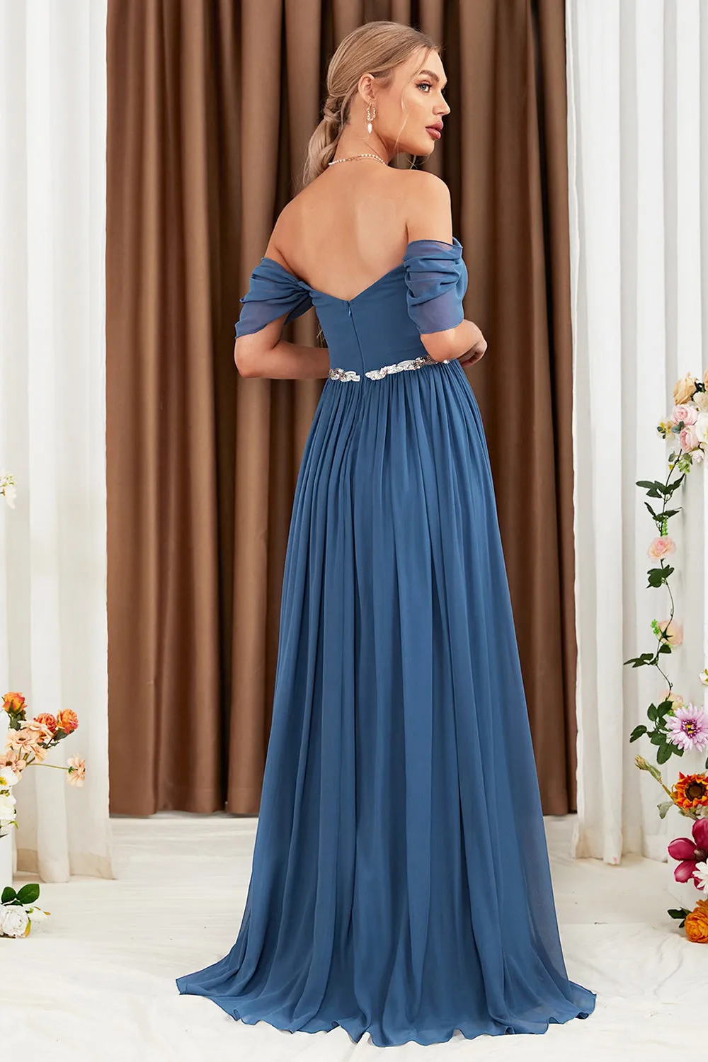 Grey Blue Sparkly Beading Chiffon A Line Off the Shoulder Pleated Maxi Dress
