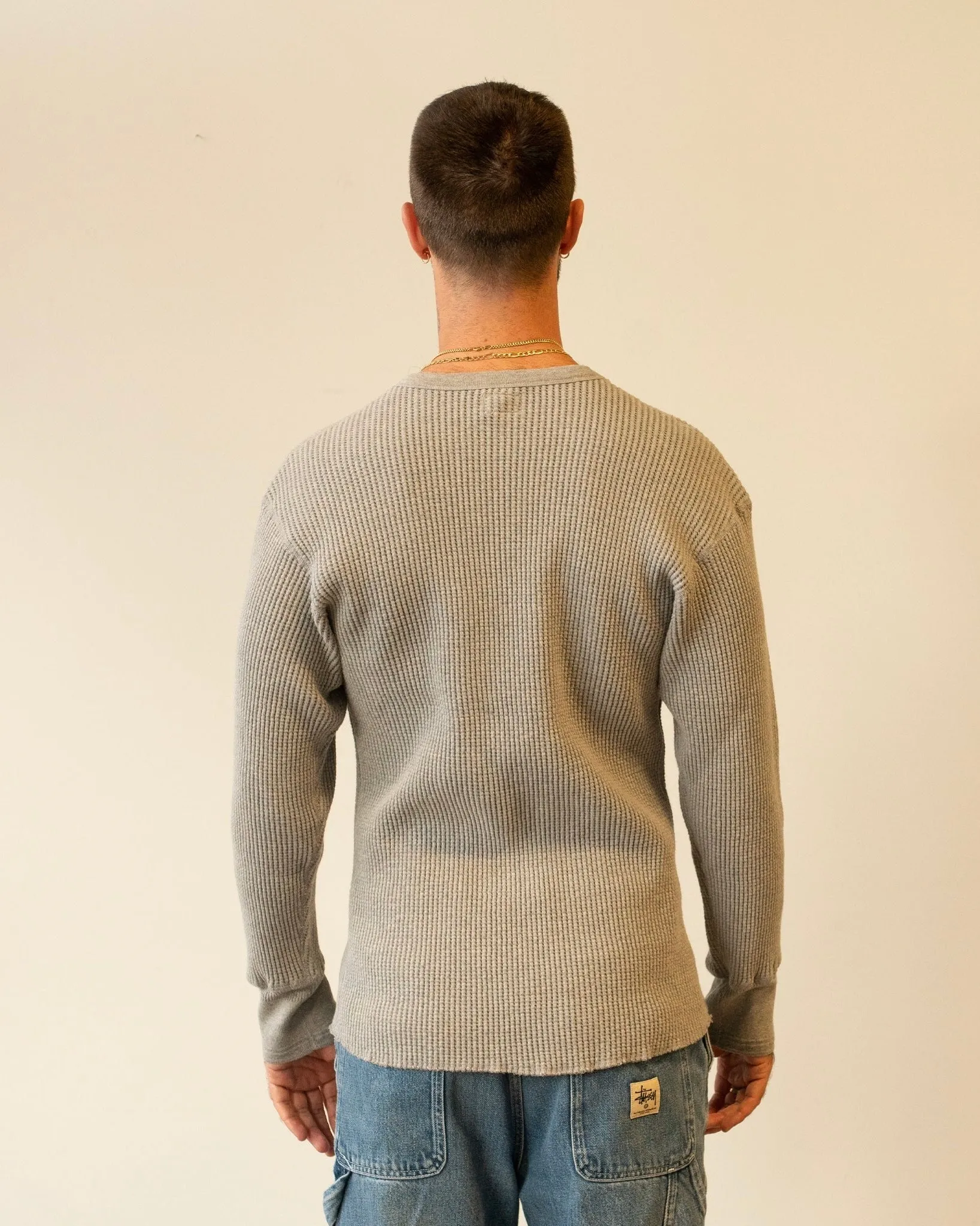 Cozy Homespun Knitwear Crew Thermal Bulky Waffle Sweater in Grey Melange