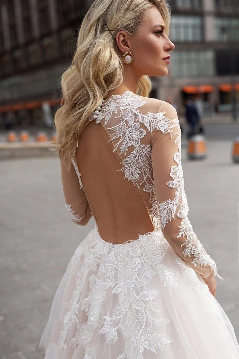 Long Sleeve Boho V neck Ivory Lace Appliques Beach Wedding Dresse