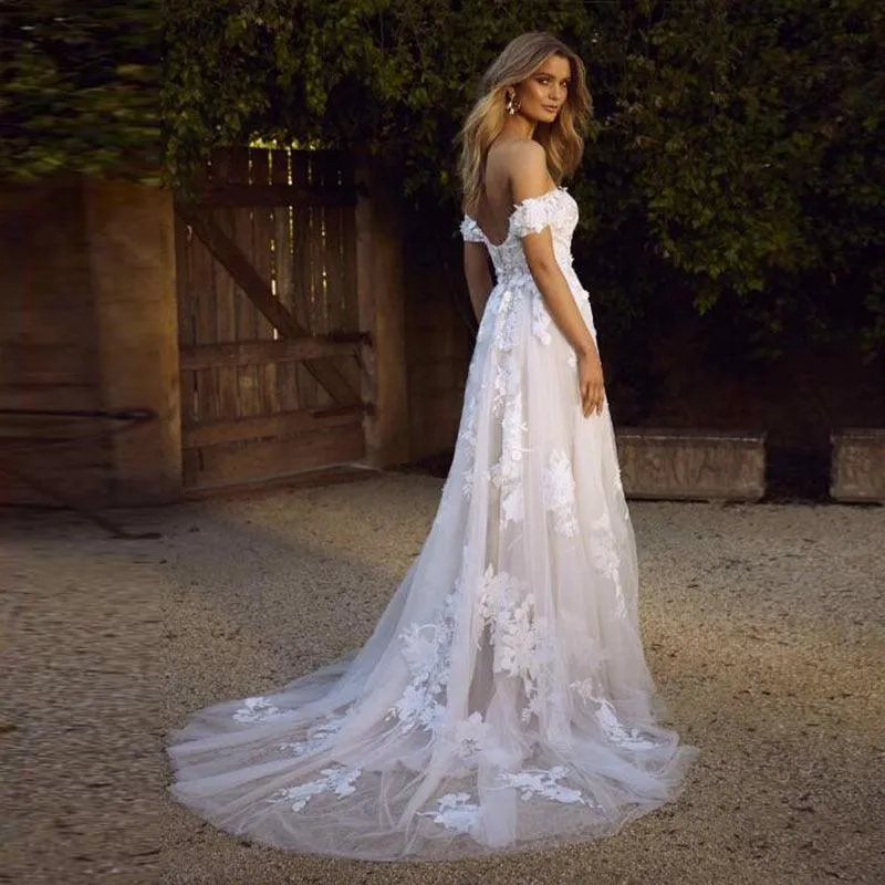 Off the Shoulder Appliques A Line Lace Wedding Dresses