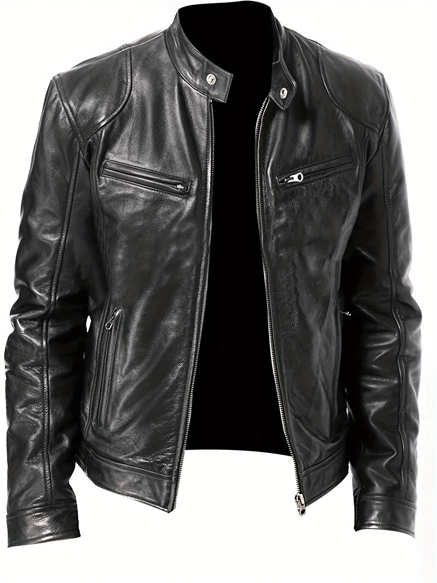 Plus Size Men's Fashionable PU Leather Locomotive Jacket - Stylish Winter Wear with Cool Design, Soft Interior, and Adjustable Cuffs - Fall and Winter Essential for Men's Clothing