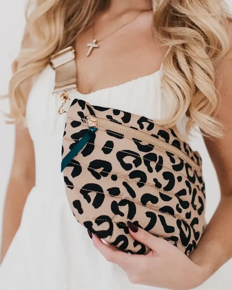 Tan and Black Leopard Soft Puffer Belt Bag