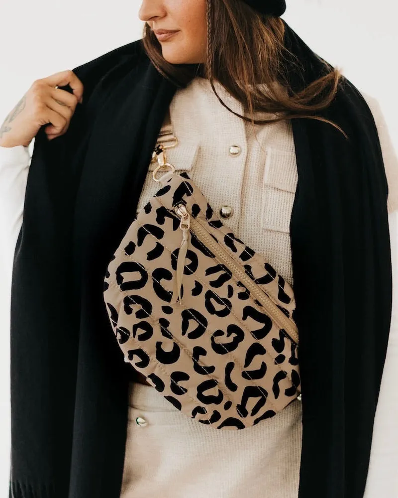 Tan and Black Leopard Soft Puffer Belt Bag