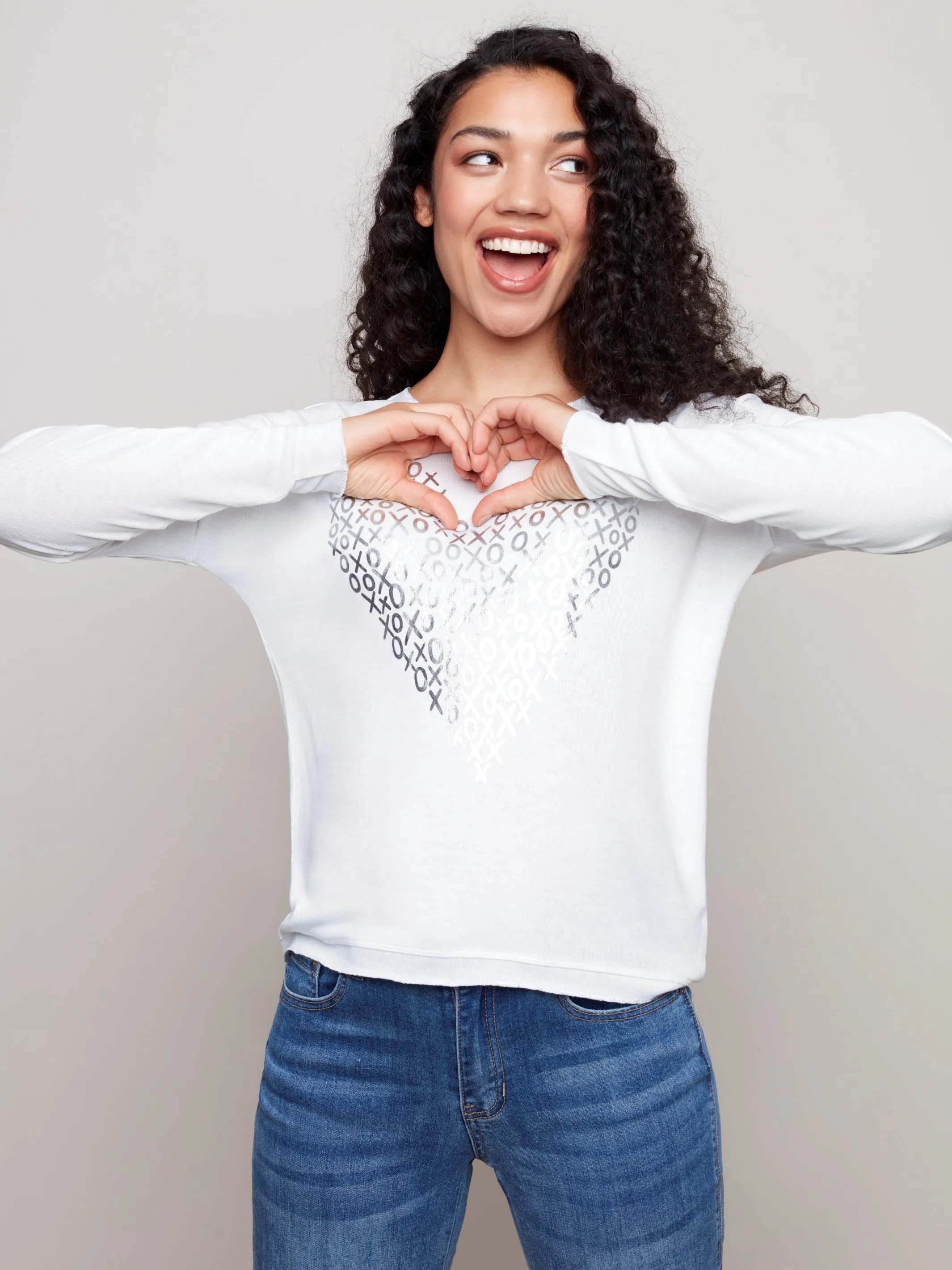V-Neck Knit Top with Heart Art - White