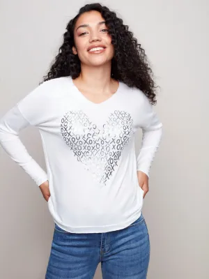 V-Neck Knit Top with Heart Art - White